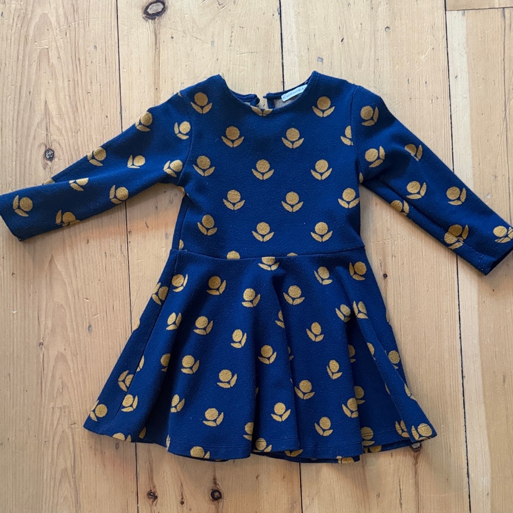 Girls Navy Dress with Gold Floral Jacquard